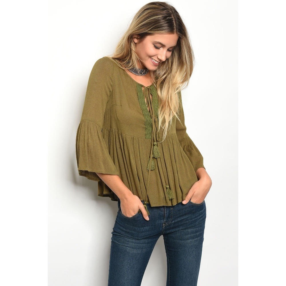 Online Exclusive! Olive Tassel Peasant Top